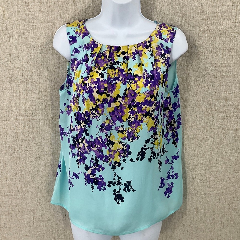 Talbots Shell Top Women 10 Blue Silk Floral Sleeveless Classic Minimalist Boho